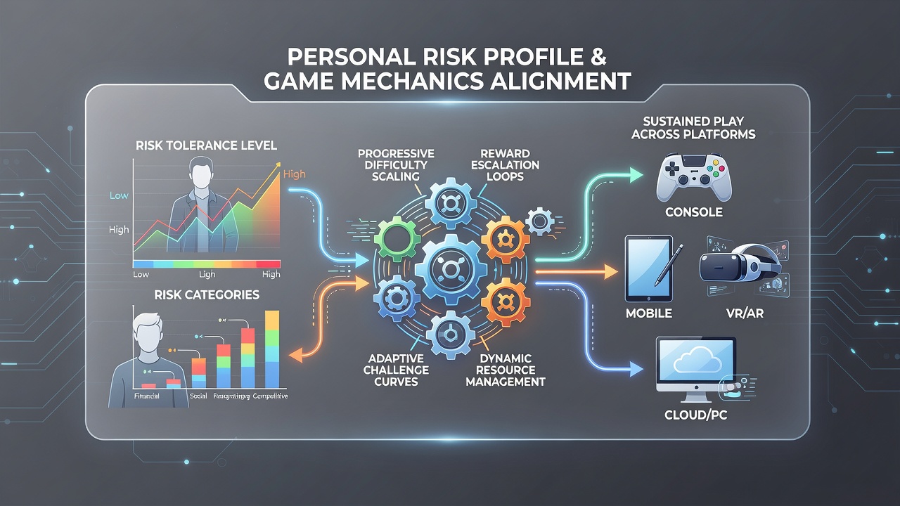 Multiple gaming devices showing synchronized risk profile dashboards and game recommendation screens