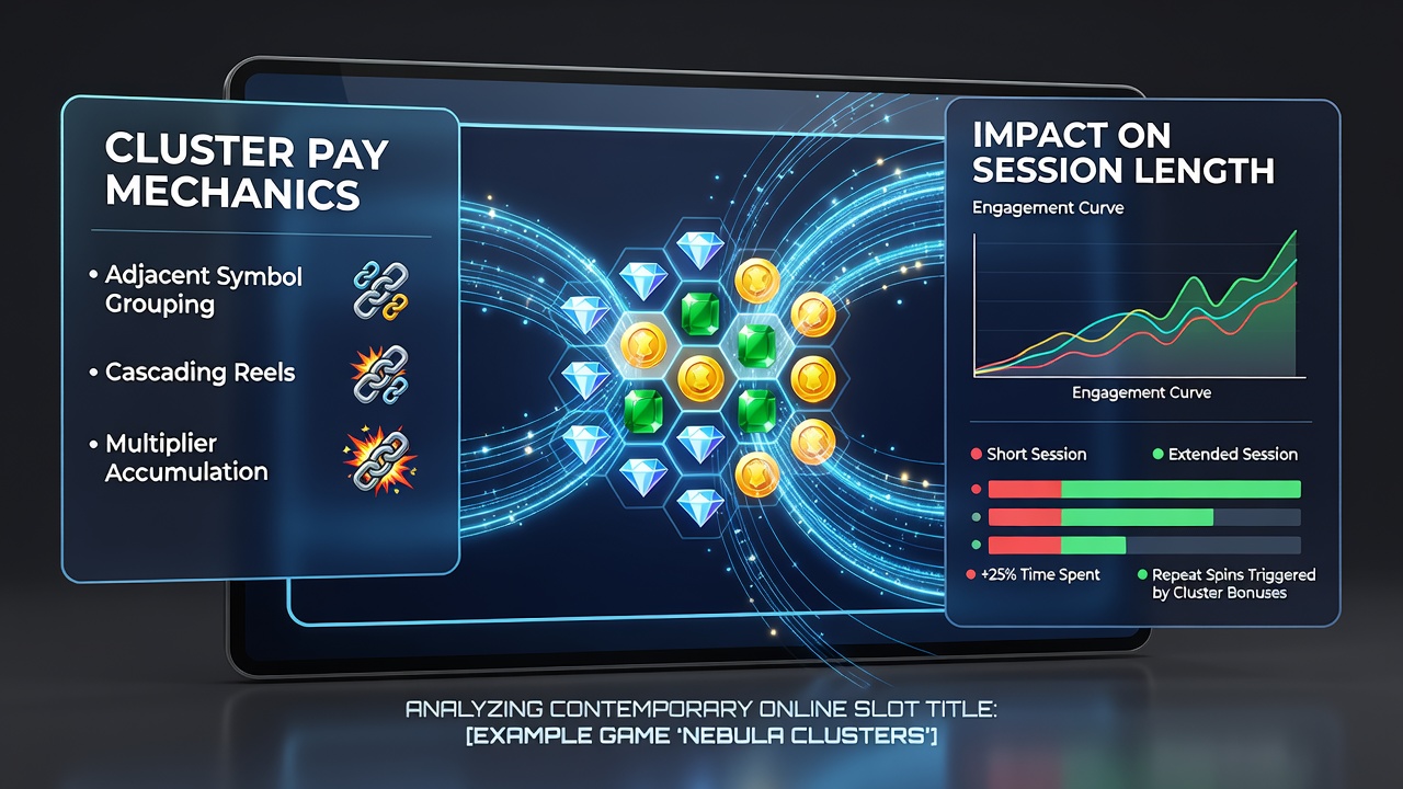 Screenshot of an active cluster pay slot round with cascading symbols and win meter updates