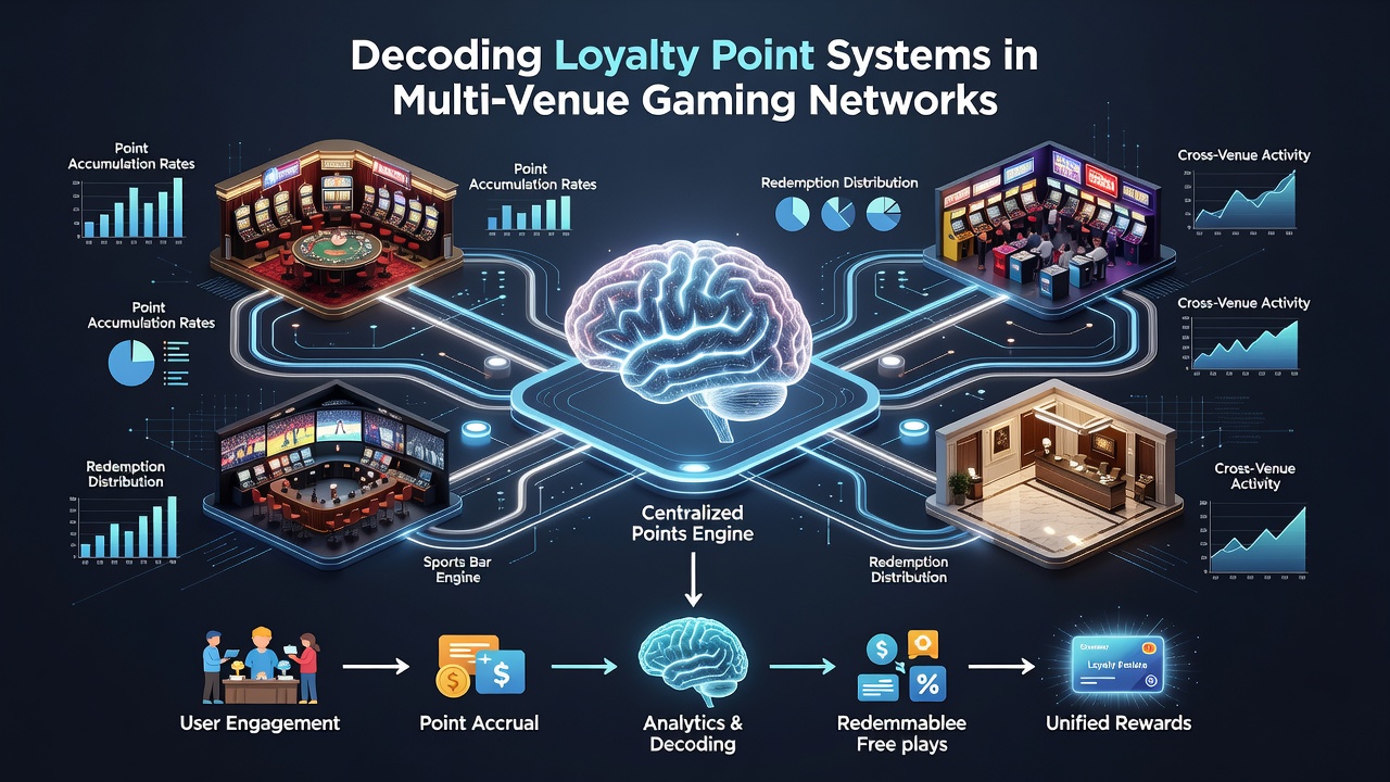 Infographic of tier levels and reward redemptions in a multi-venue loyalty network