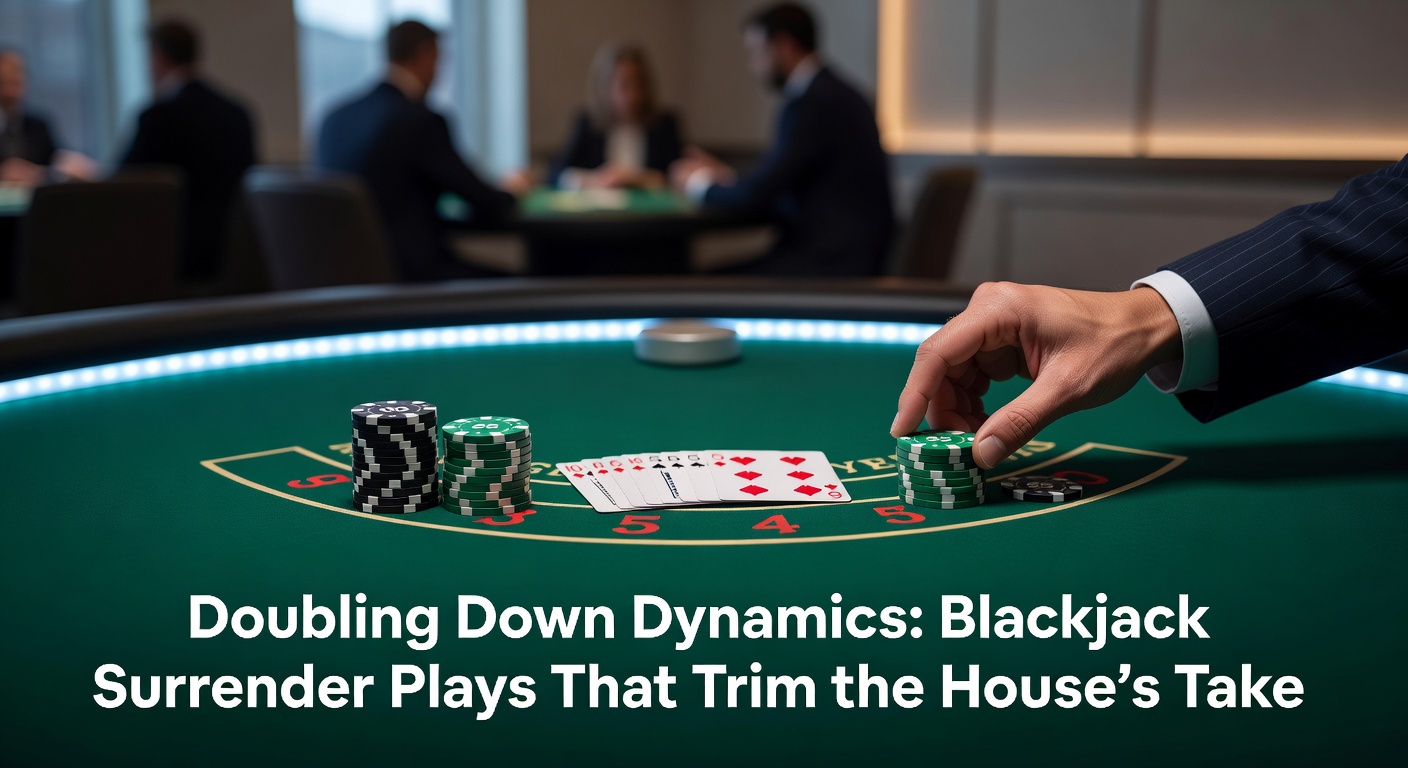 Close-up of a blackjack table showing a player doubling down on a strong hand against the dealer's upcard, chips stacked neatly beside the bet