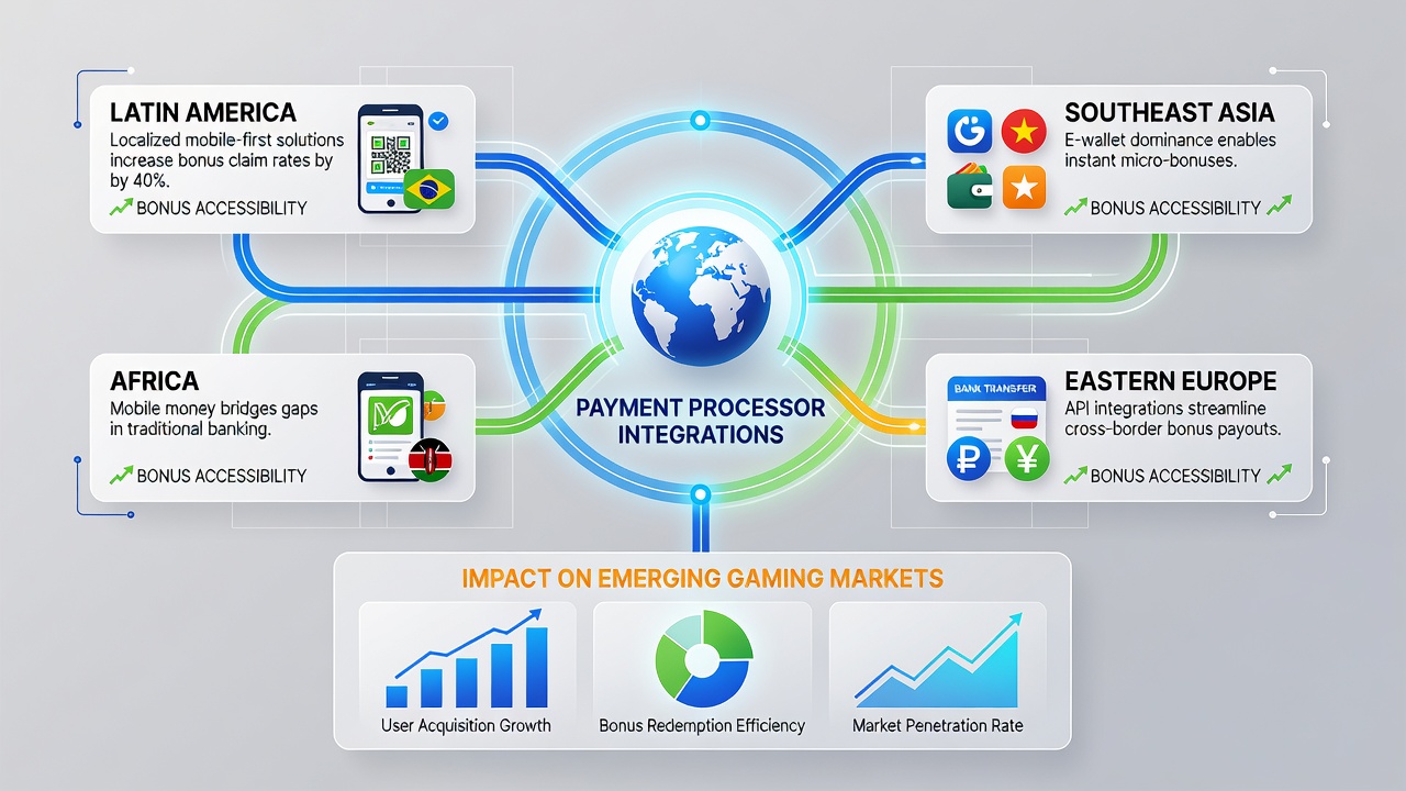 Infographic illustrating how different payment processors affect bonus clearance times in emerging markets