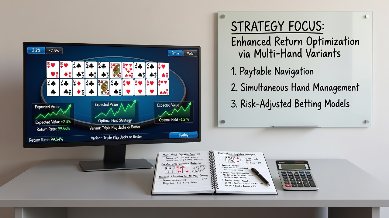 Close-up view of video poker strategy chart alongside multi-hand game interface highlighting optimal hold decisions