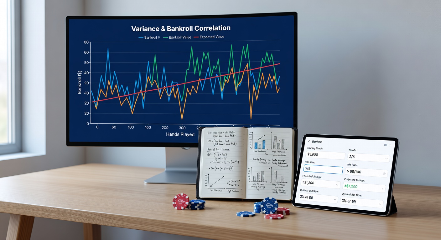 Poker player analyzing a laptop screen displaying detailed bankroll management spreadsheet alongside variance simulation results
