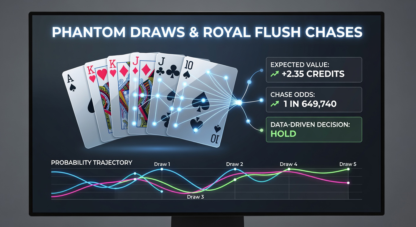 Video poker screen showing a near-royal flush draw with four cards to a royal, highlighting the temptation of a phantom draw