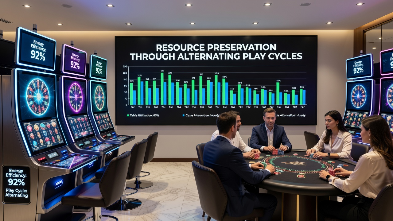 Players moving between slot areas and table pits during alternating session cycles in a busy casino