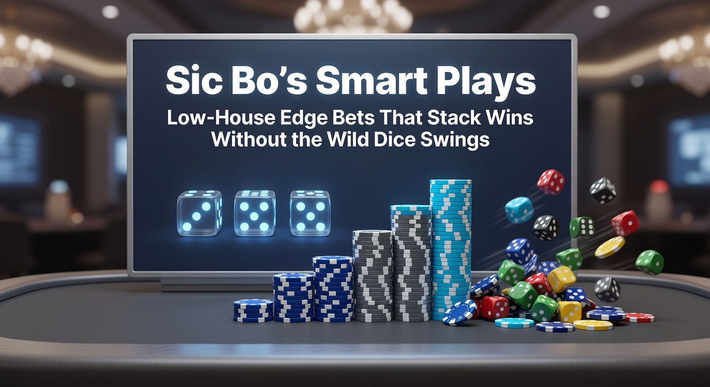 Vibrant Sic Bo table with dice in mid-roll, highlighting low-edge bet zones like Big and Small