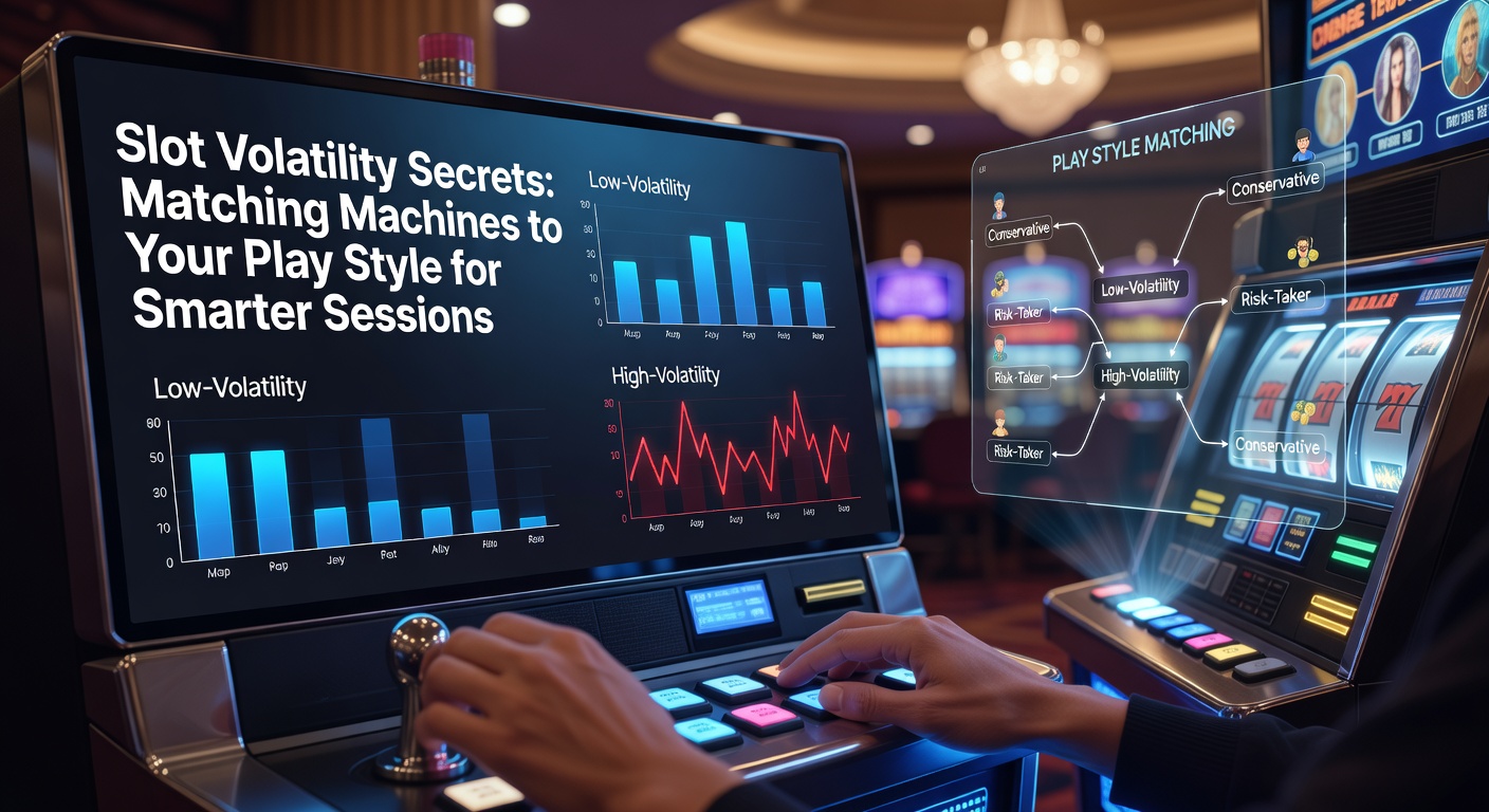 Vibrant slot machine reels spinning with high and low volatility symbols highlighting win potential differences