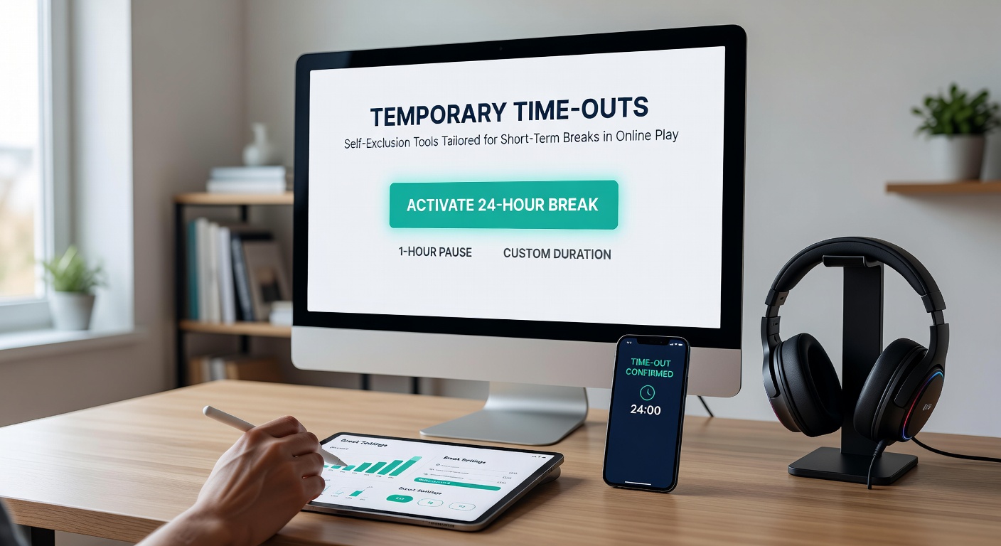 Screenshot of a mobile app displaying self-exclusion menu with temporary time-out sliders for 24 hours to 7 days, emphasizing user-friendly design