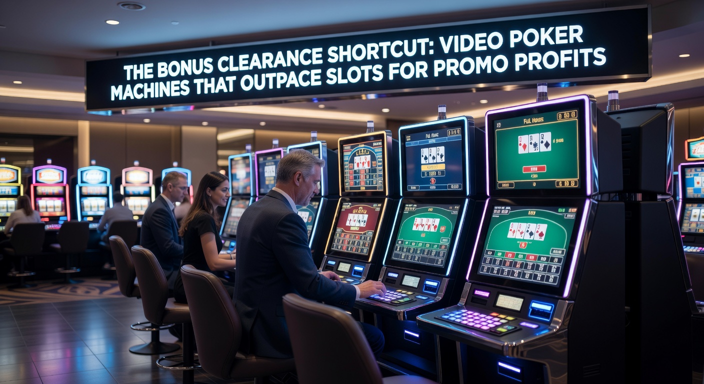 Side-by-side comparison of a slot machine and video poker terminal on a bustling casino floor, illustrating faster bonus clearance on the poker side