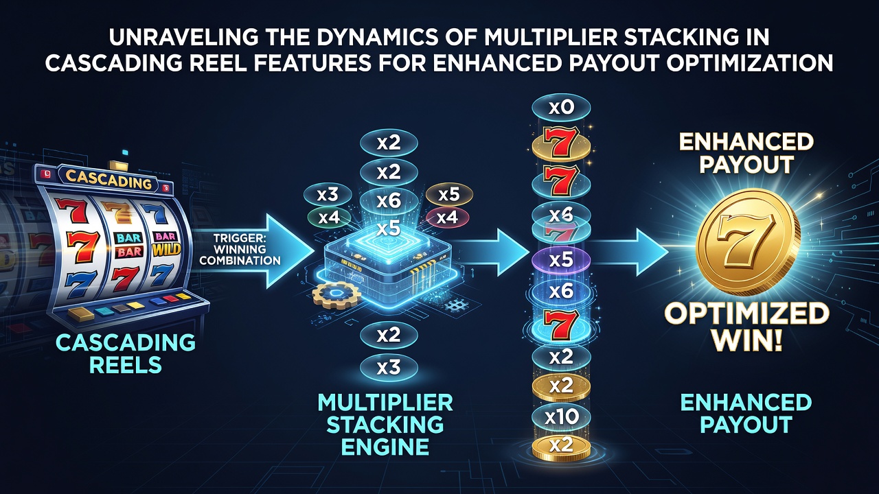 Illustration showing multiplier progression across multiple cascade levels in slot reels