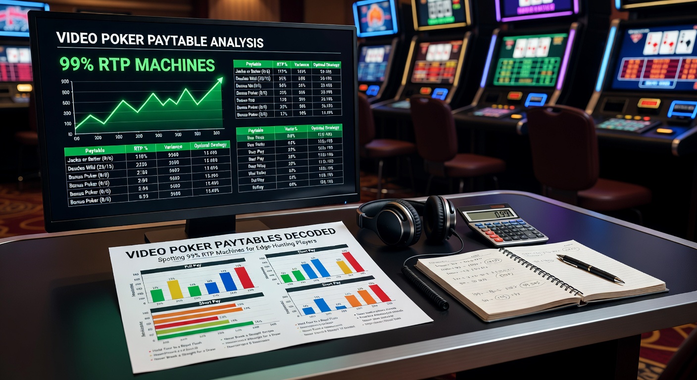 Bank of video poker machines in a bustling casino, with one screen zoomed on a 99.54% RTP paytable for full-pay Jacks or Better